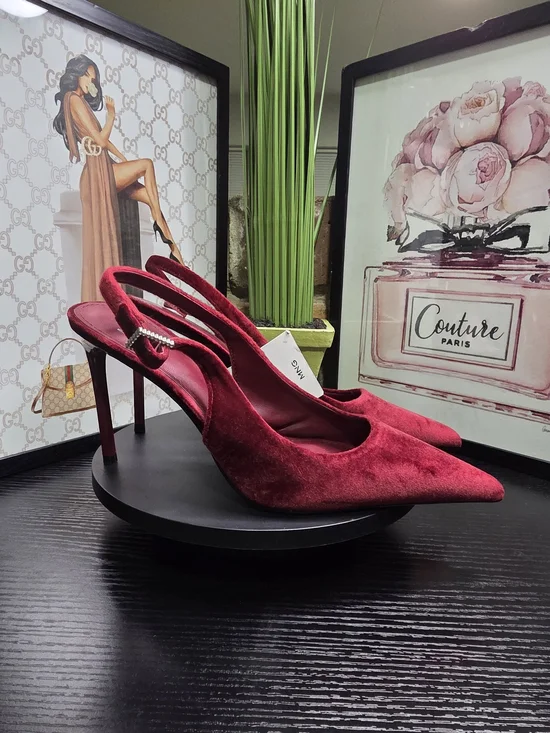Mango Burgundy Velvet Slingback Pointed Heels - Picture 2 of 6